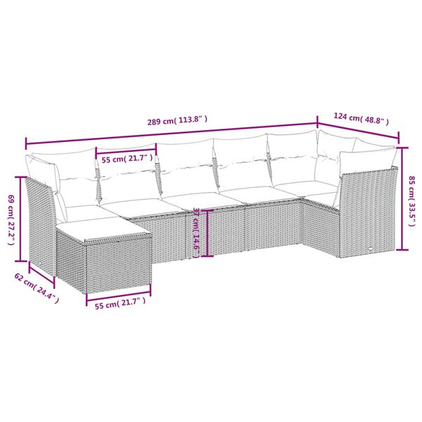vidaXL 7-tlg. Garten-Sofagarnitur mit Kissen Braun Poly Rattan