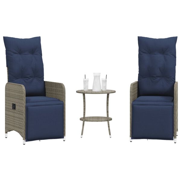 vidaXL Gartenstühle Verstellbar 2 Stk. mit Tisch Grau Poly Rattan