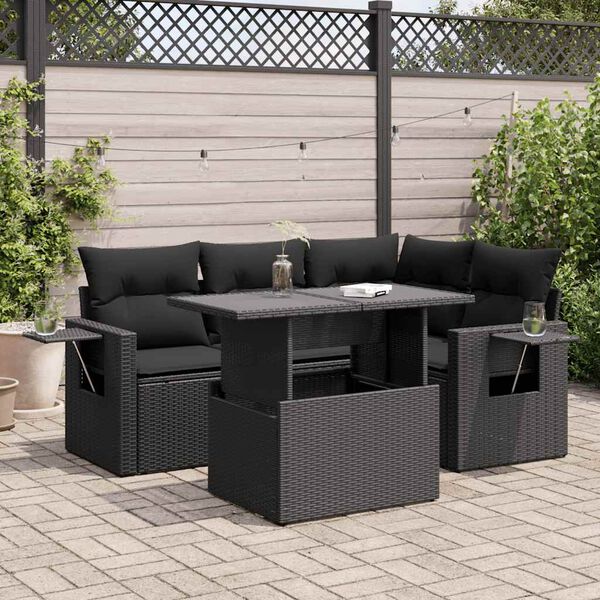 vidaXL 5-tlg. Garten-Sofagarnitur mit Kissen Schwarz Poly Rattan