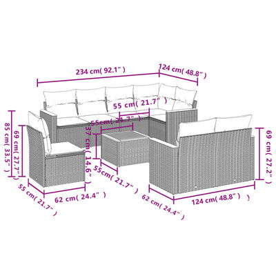 vidaXL 9-tlg. Garten-Sofagarnitur mit Kissen Schwarz Poly Rattan