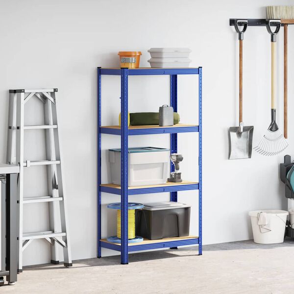 vidaXL Lagerregal mit 4 B&ouml;den Blau Stahl & Holzwerkstoff