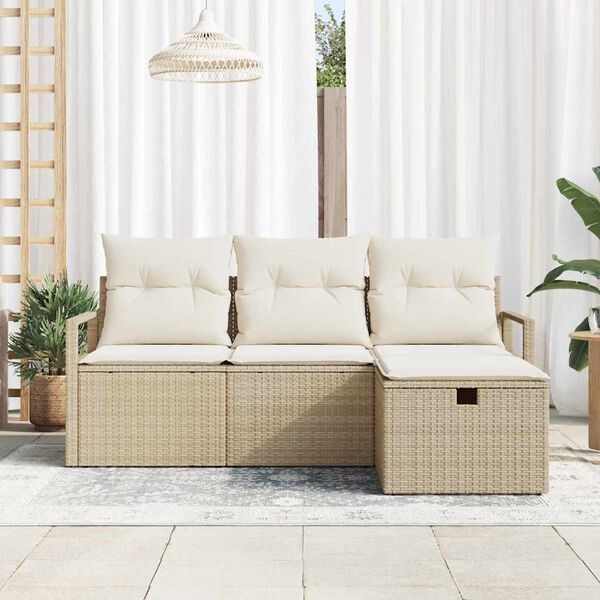 vidaXL Garten-Sofa-Set mit Kissen mit Speicher 4 pcs Beige Poly Rattan