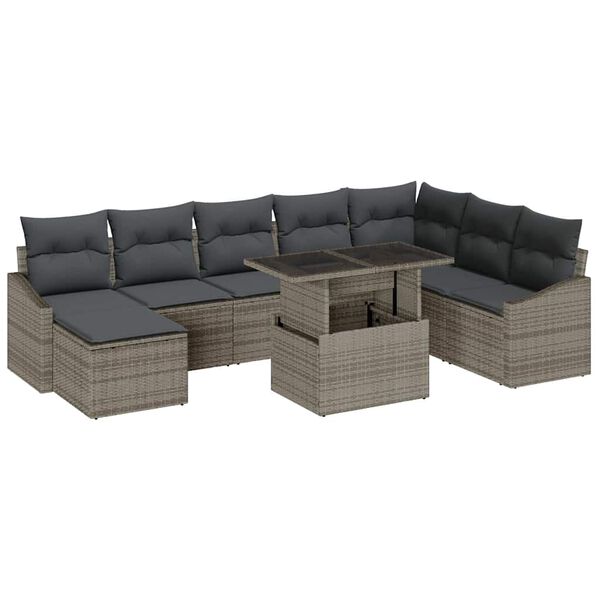 vidaXL Sofa Set mit Kissen mit Speicher 9 pcs Grau Poly-Rattan