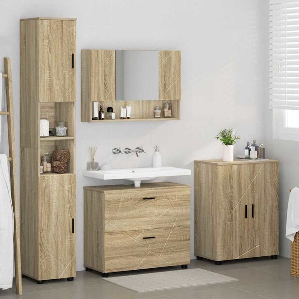 vidaXL Badezimmerm&ouml;bel-Set 4 pcs Sonoma-Eiche Sperrholz und Metall
