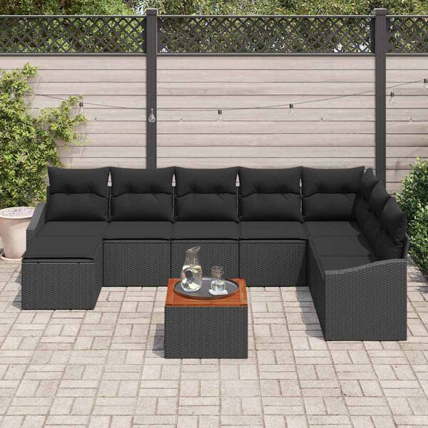 vidaXL Garten-Sofa-Set mit Kissen 9 pcs Schwarz Poly Rattan