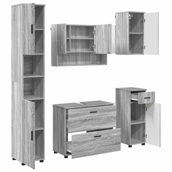 vidaXL Badezimmerm&ouml;bel-Set 5 pcs Graues Sonoma Sperrholz und Metall