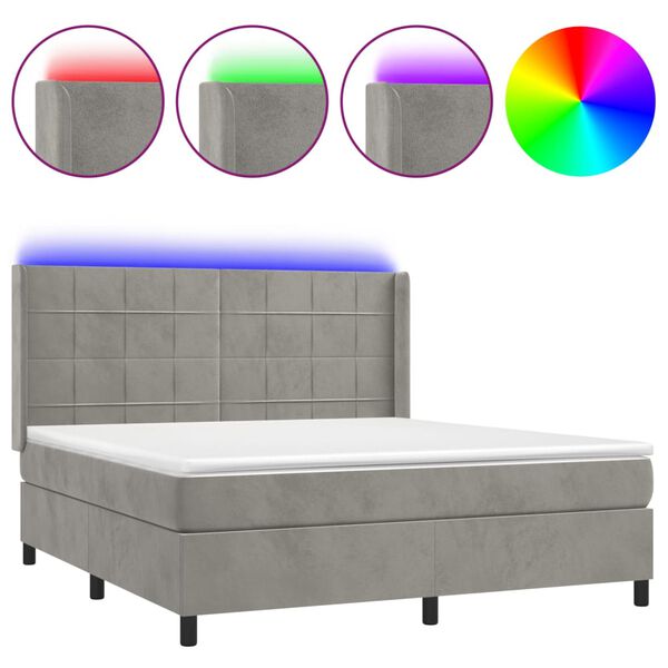 vidaXL Boxspringbett mit Matratze & LED Hellgrau 160x200 cm Samt