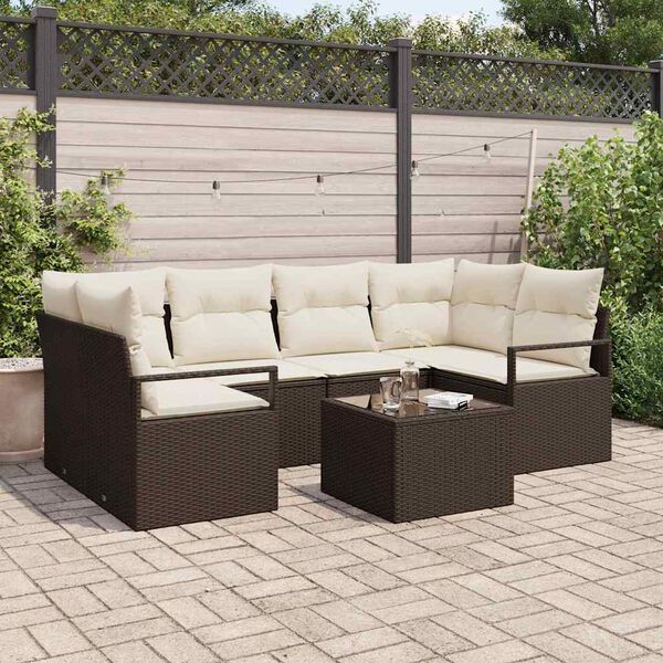 vidaXL Garten-Sofa-Set mit Kissen mit Speicher 7 pcs Braun und Creme