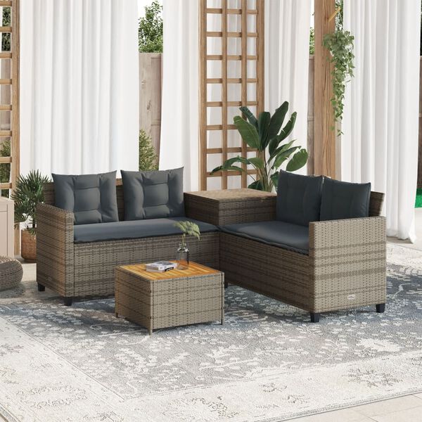 vidaXL Gartensofa in L-Form mit Tisch und Kissen Grau Poly Rattan