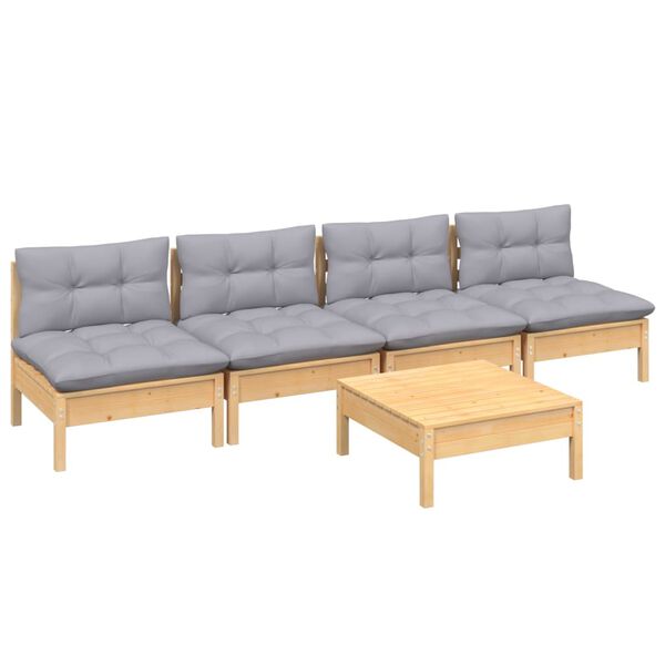 vidaXL 5-tlg. Garten-Lounge-Set mit Grauen Kissen Kiefernholz