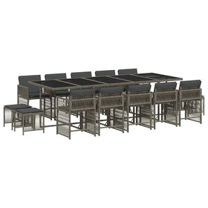 vidaXL 15-tlg. Garten-Essgruppe mit Kissen Grau Poly Rattan