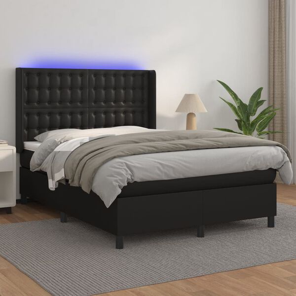 vidaXL Boxspringbett mit Matratze & LED Schwarz 140x190 cm Kunstleder