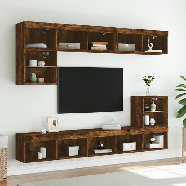 vidaXL 8-tlg. Wohnwand mit LED-Beleuchtung R&auml;uchereiche Holzwerkstoff