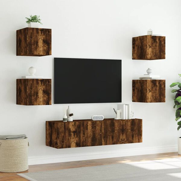 vidaXL 6-tlg. Wohnwand mit LED-Beleuchtung R&auml;uchereiche Holzwerkstoff