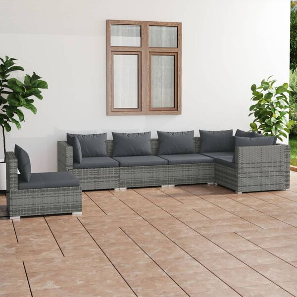 vidaXL 6-tlg. Garten-Lounge-Set mit Kissen Poly Rattan Grau