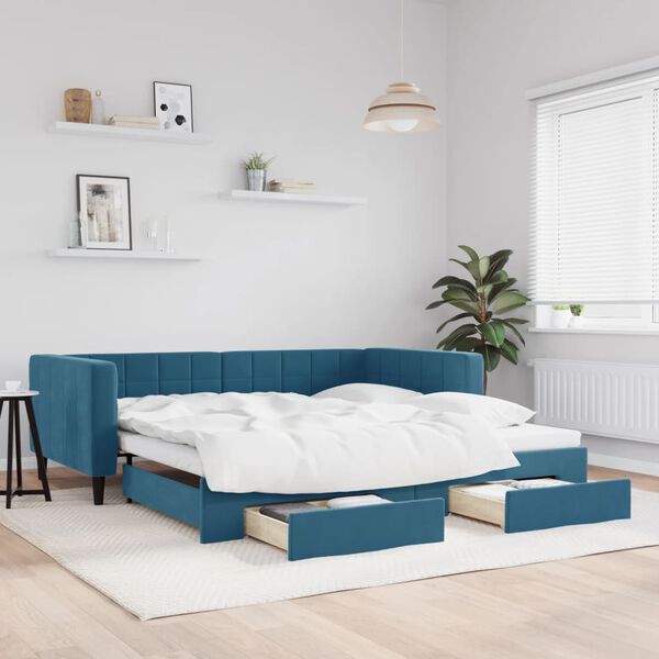 vidaXL Tagesbett Ausziehbar mit Schubladen Blau 100x200 cm Samt