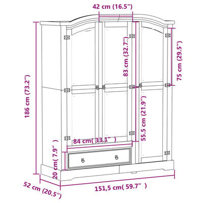 vidaXL Kleiderschrank Corona 151,5x52x186 cm Massivholz Kiefer