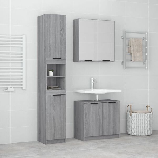 vidaXL 3-tlg. Badm&ouml;bel-Set Grau Sonoma Holzwerkstoff