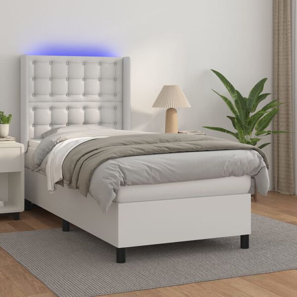 vidaXL Boxspringbett mit Matratze & LED Wei&szlig; 90x190 cm Kunstleder