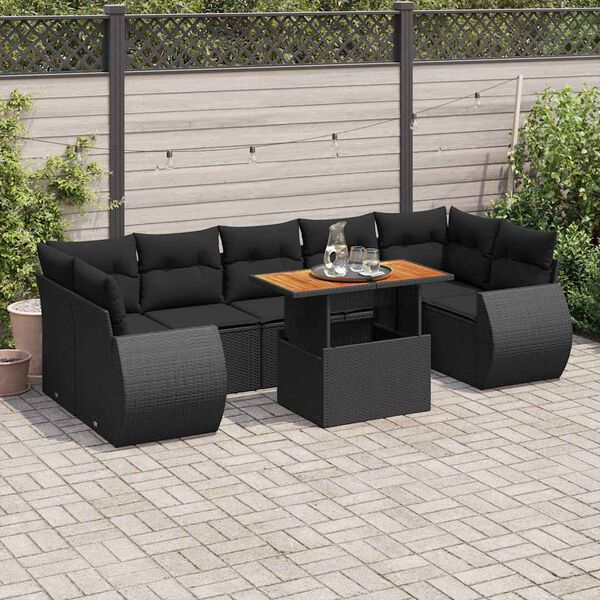 vidaXL 8-tlg. Garten-Sofagarnitur mit Kissen Schwarz Poly Rattan