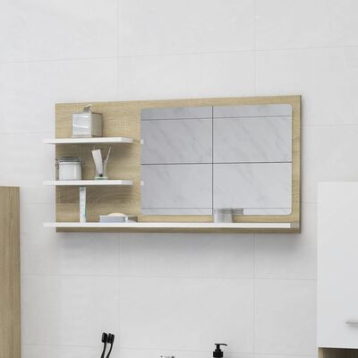 vidaXL Badspiegel Weiß und Sonoma-Eiche 90x10,5x45 cm Holzwerkstoff
