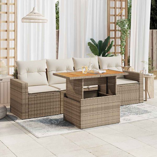 vidaXL 5-tlg. Garten-Sofagarnitur mit Kissen Beige Poly Rattan