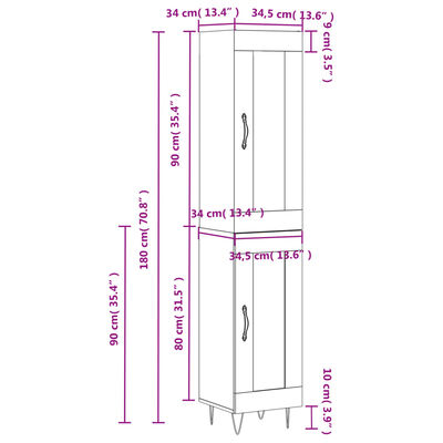 vidaXL Highboard Schwarz 34,5x34x180 cm Holzwerkstoff