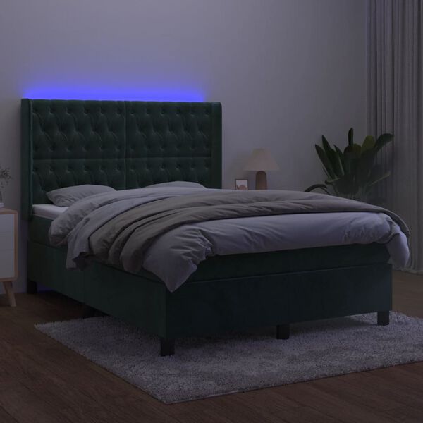 vidaXL Boxspringbett mit Matratze & LED Dunkelgr&uuml;n 140x190 cm Samt