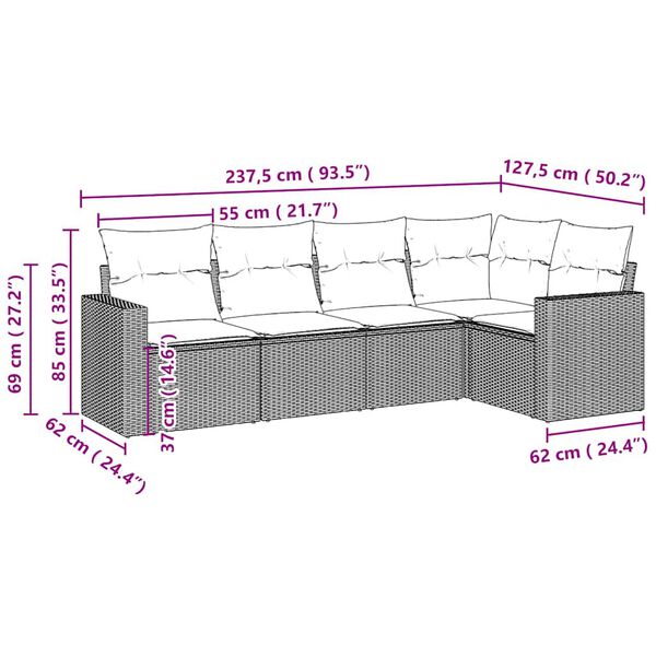 vidaXL 5-tlg. Garten-Sofagarnitur mit Kissen Hellgrau Poly Rattan