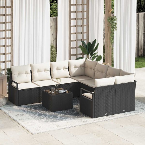 vidaXL Sofa Set mit Kissen 9 pcs Schwarz und Creme Poly Rattan