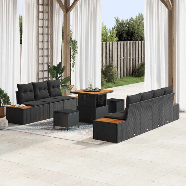 vidaXL Garten-Sofa-Set mit Kissen 10 pcs Schwarz Poly Rattan