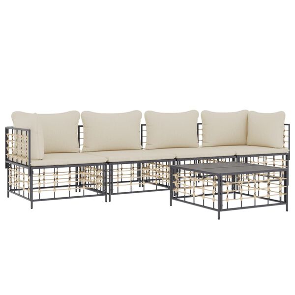 vidaXL 5-tlg. Garten-Lounge-Set mit Kissen Anthrazit Poly Rattan