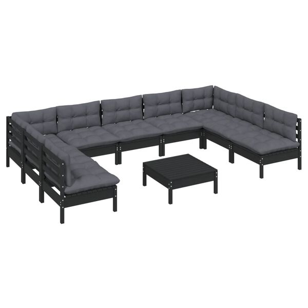 vidaXL 10-tlg. Garten-Lounge-Set mit Kissen Schwarz Massivholz Kiefer