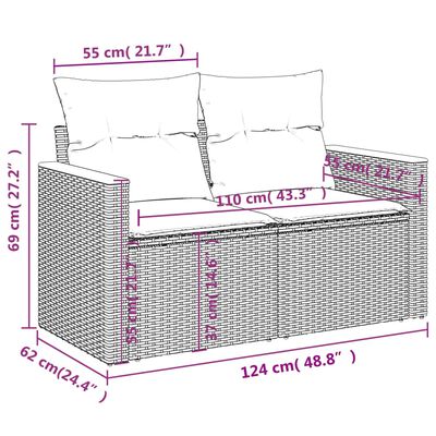 vidaXL Gartensofa 2-Sitzer mit Kissen Grau Poly Rattan