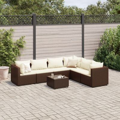 vidaXL 7-tlg. Garten-Lounge-Set mit Kissen Braun Poly Rattan