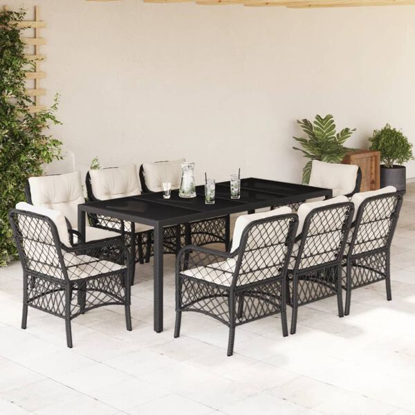 vidaXL 9-tlg. Garten-Essgruppe mit Kissen Schwarz Poly Rattan