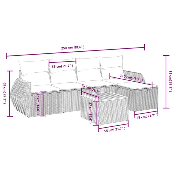 vidaXL 6-tlg. Garten-Sofagarnitur mit Kissen Grau Poly Rattan