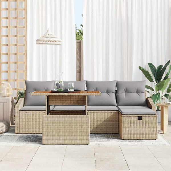 vidaXL Garten-Sofa-Set mit Kissen mit Speicher 6 pcs Beige Poly Rattan
