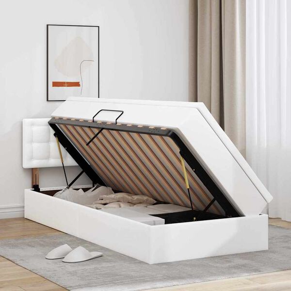 vidaXL Bett mit Stauraum und LED Reinwei&szlig; 90 x 190 cm Kunstleder