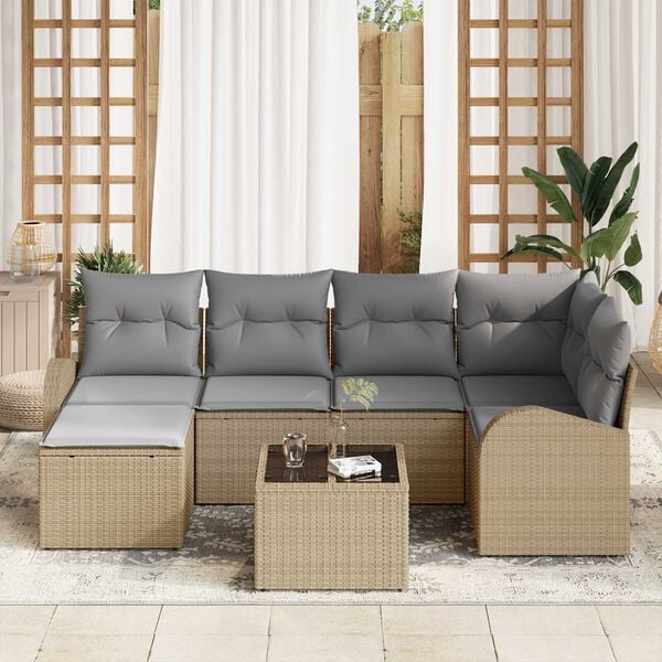 vidaXL Sofa Set mit Kissen 7 pcs Beige und hellgrau Poly-Rattan