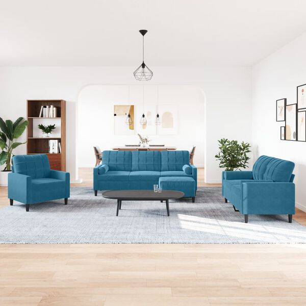 vidaXL 4-tlg. Sofagarnitur mit Kissen und Nackenrollen Blau Samt