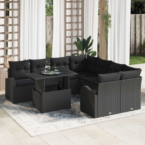 vidaXL Garten-Sofa-Set mit Kissen mit Kissen 9 pcs Schwarz Poly Rattan