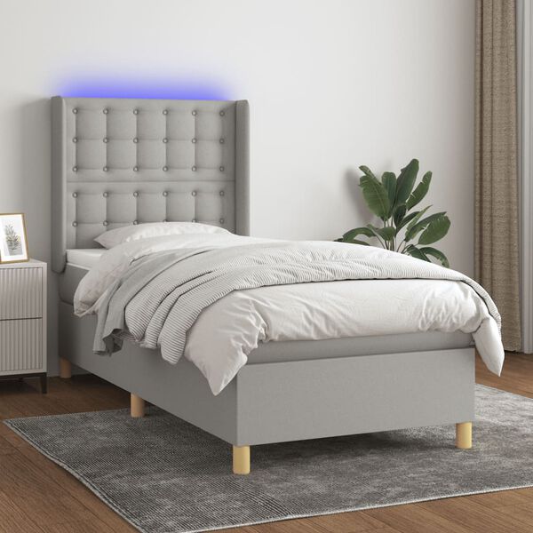vidaXL Boxspringbett mit Matratze & LED Hellgrau 90x200 cm Stoff
