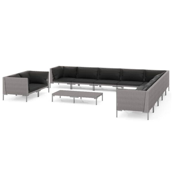 vidaXL 12-tlg. Garten-Lounge-Set mit Kissen Poly Rattan Dunkelgrau