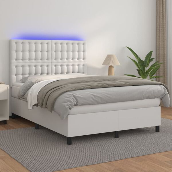 vidaXL Boxspringbett mit Matratze & LED Wei&szlig; 140x190 cm Kunstleder