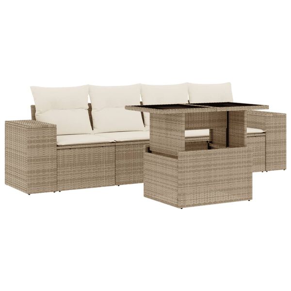 vidaXL 5-tlg. Garten-Sofagarnitur mit Kissen Beige Poly Rattan