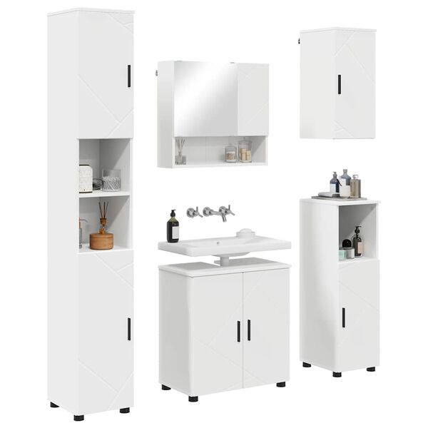 vidaXL Badezimmerm&ouml;bel-Set mit T&uuml;r 5 pcs Wei&szlig; Holzwerkstoff & Metall