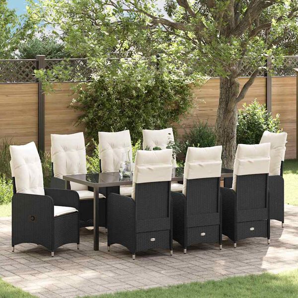 vidaXL Garten Essgruppe mit Kissen 9 pcs Schwarz Poly Rattan