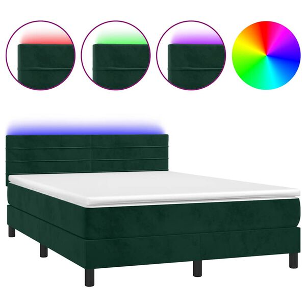 vidaXL Boxspringbett mit Matratze & LED Dunkelgr&uuml;n 140x190 cm Samt
