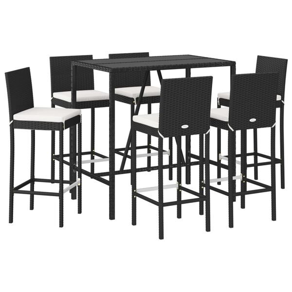 vidaXL 7-tlg. Gartenbar-Set mit Kissen Schwarz Poly Rattan